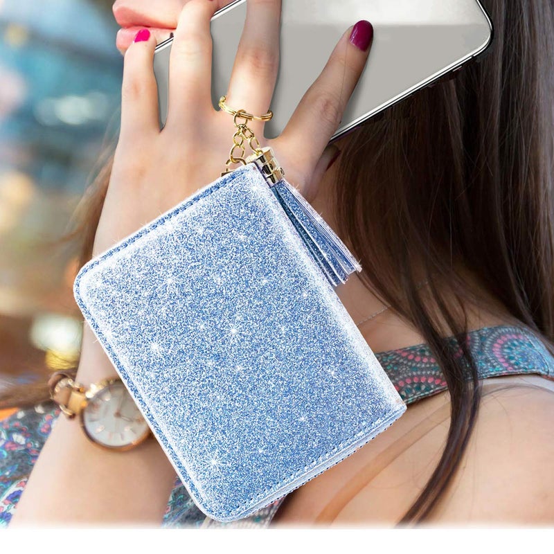 Coco Rossi Women's Small Credit Card Wallet ID Card Case for Girls RFID Glitter Cute Accordion Card Holder -Blue - Image 3